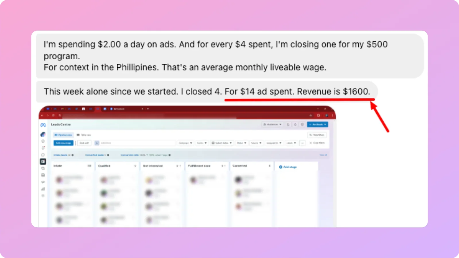 Testimonial from a hypnotherapist on selling $500 programs for $4 ad spend